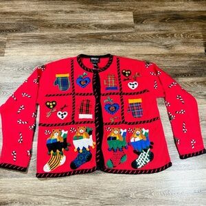 Sweater Design Studio Originals Women's L Christmas Cardigan Embroidery Bows VTG